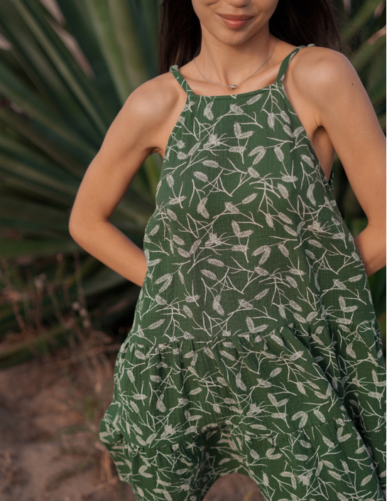 Off-Shoulder Muslin Dress, Green with golden grain ears print