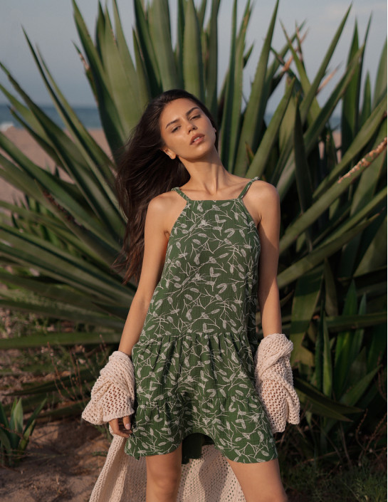 Off-Shoulder Muslin Dress, Green with golden grain ears print