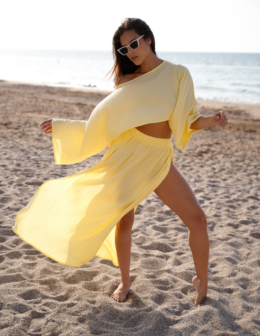Yellow Muslin Set: Cropped Longsleeve & Skirt with Slits
