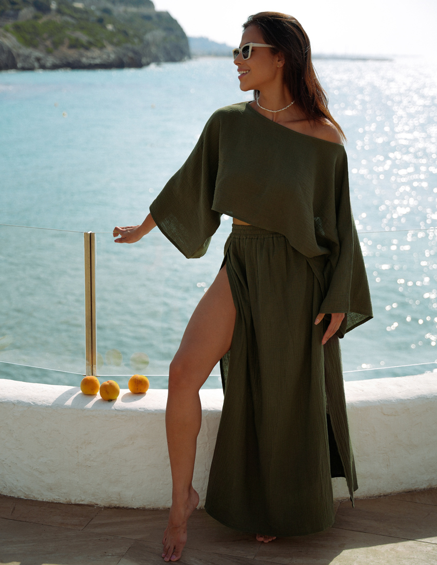 Khaki Muslin Set: Cropped Longsleeve & Skirt with Slits