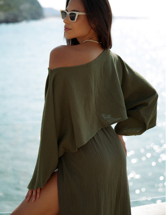 Khaki Muslin Set: Cropped Longsleeve & Skirt with Slits