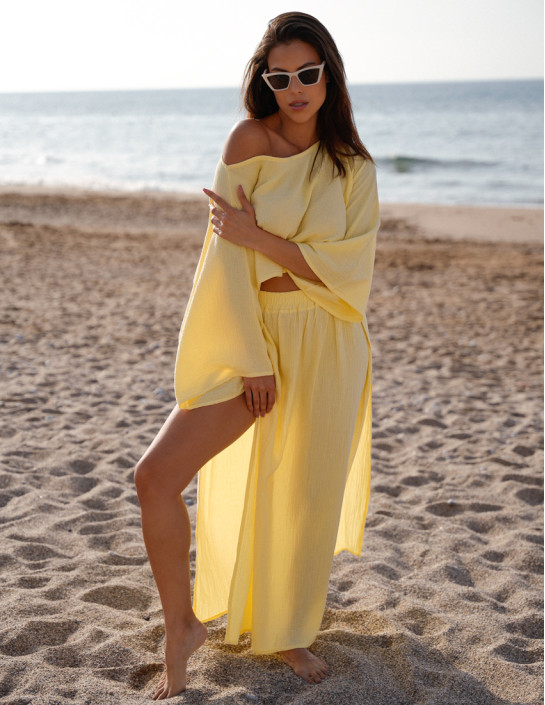 Yellow Muslin Set: Cropped Longsleeve & Skirt with Slits