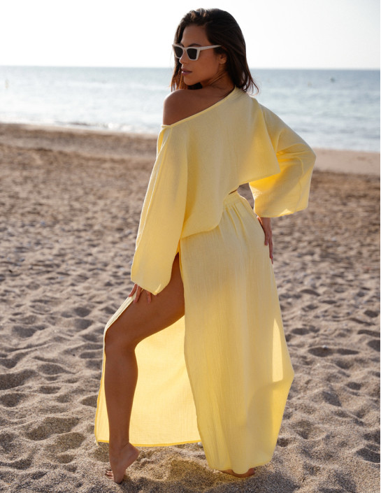 Yellow Muslin Set: Cropped Longsleeve & Skirt with Slits