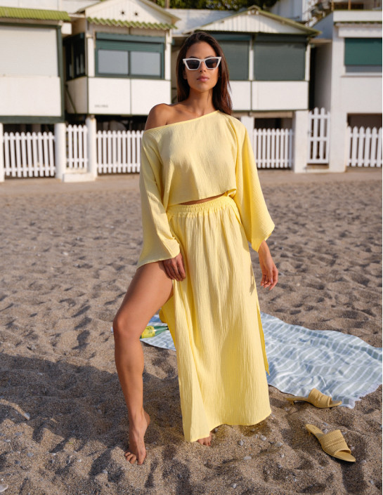 Yellow Muslin Set: Cropped Longsleeve & Skirt with Slits