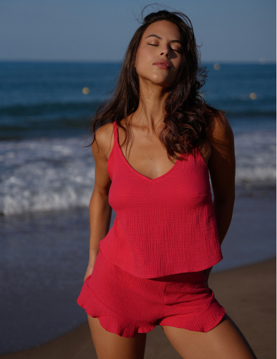 Pajama set with top and ruffled shorts Сoral