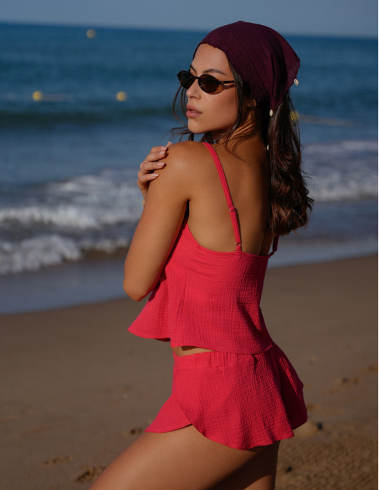 Pajama set with top and BUTTERFLY-CUT SHORTS Сoral
