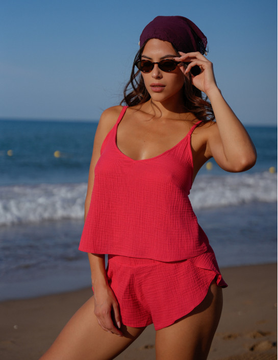 Pajama set with top and BUTTERFLY-CUT SHORTS Сoral