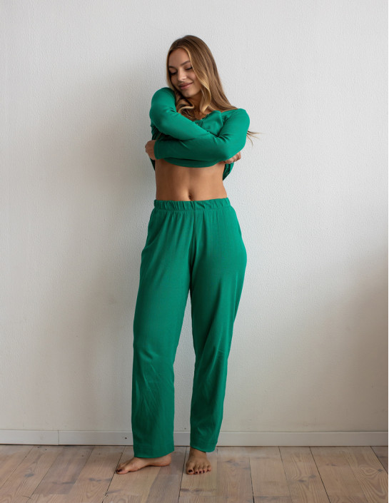 Set: Buttoned Long Sleeve Top and Straight Pants in Emerald