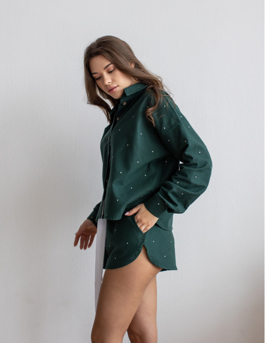 Set: Cropped Flannel Shirt and Shorts in darkgreen