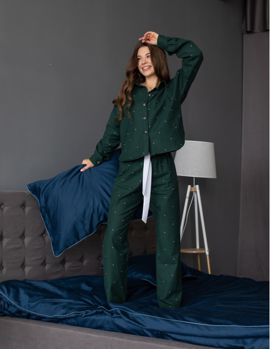 Set: Cropped Flannel Shirt and Pants in Darkgreen