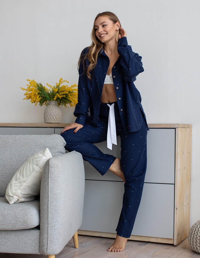 Flannel set with long shirt and pants, dark blue