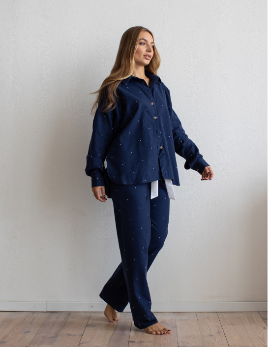 Flannel set with long shirt and pants, dark blue