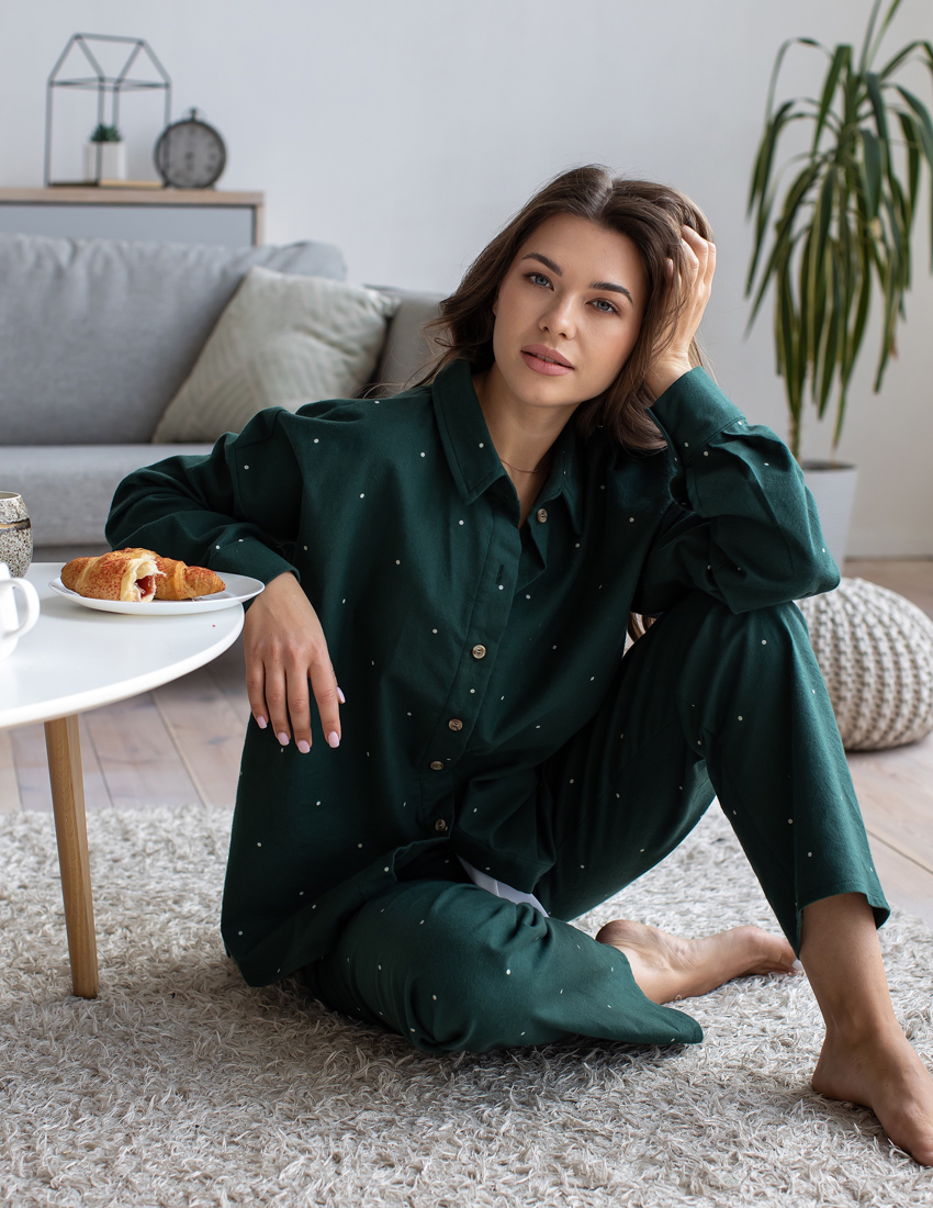 Flannel set with long shirt and pants, dark green
