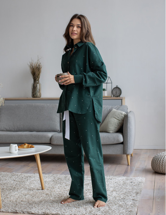 Flannel set with long shirt and pants, dark green