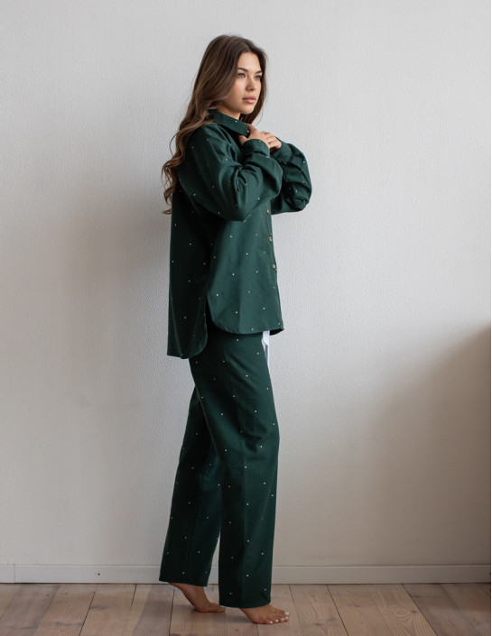 Flannel set with long shirt and pants, dark green