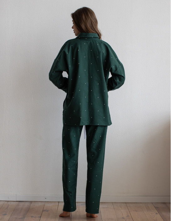 Flannel set with long shirt and pants, dark green