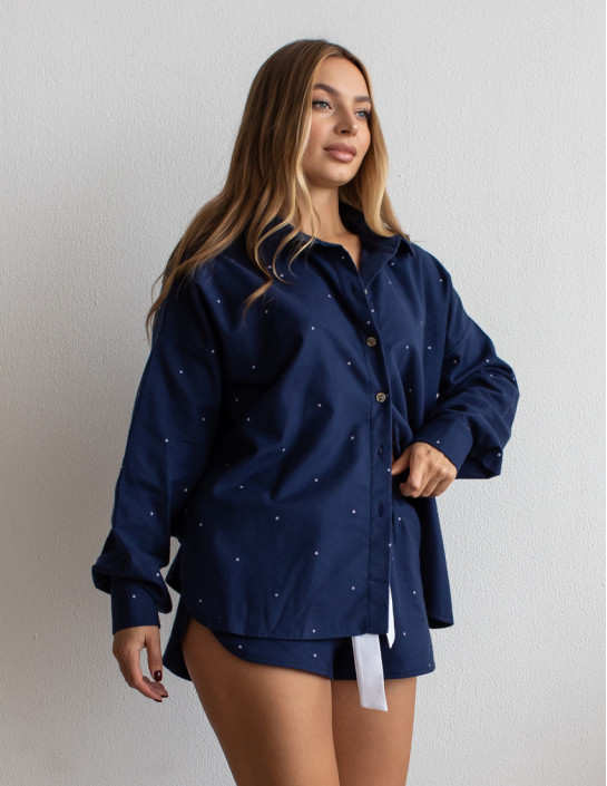 Flannel set with long shirt and shorts, dark blue