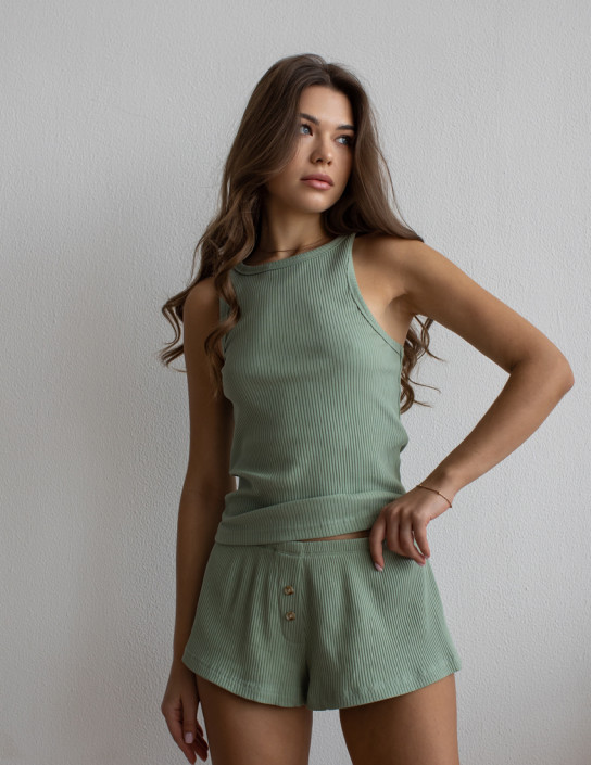 Ribbed lightgreen tank top and shorts set