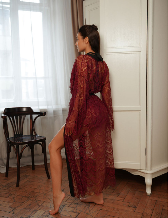 Burgundy Guipure Lace Kimono Long Sleeve