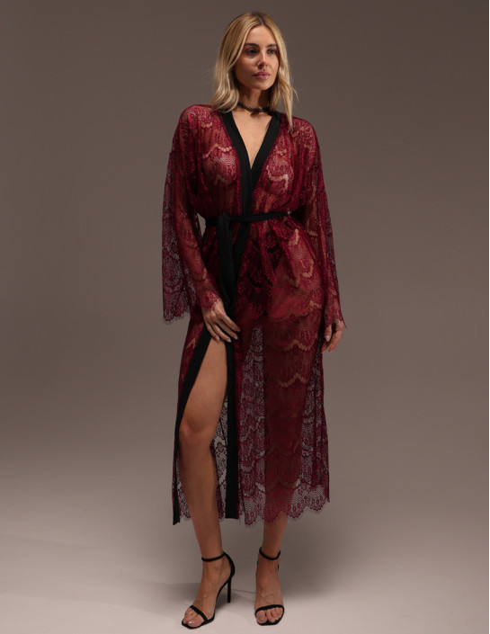 Burgundy Guipure Lace Kimono Long Sleeve