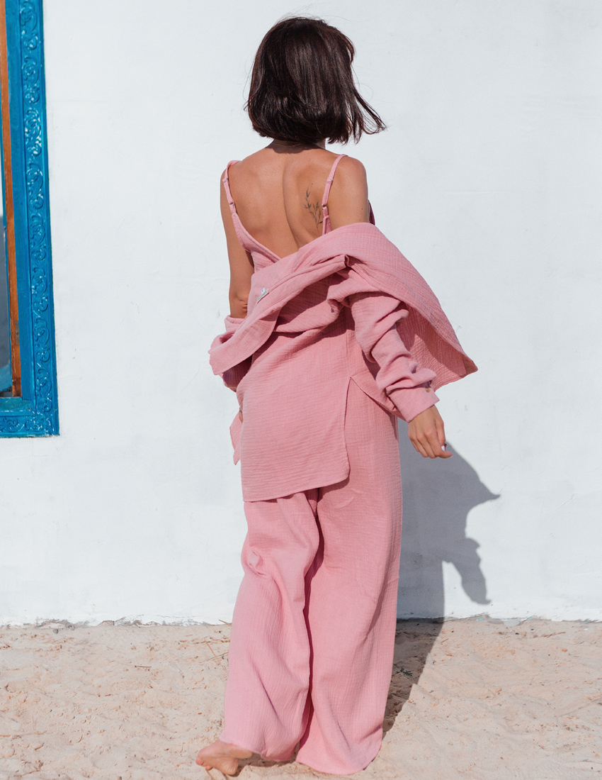 3-in-1 Set: Palazzo Pants, Crop Top & Shirt with Slits | Tea Rose