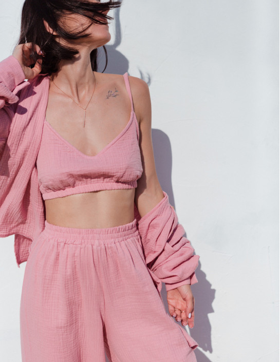 3-in-1 Set: Palazzo Pants, Crop Top & Shirt with Slits | Tea Rose