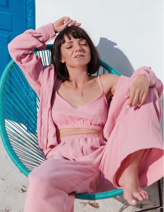 3-in-1 Set: Palazzo Pants, Crop Top & Shirt with Slits | Tea Rose