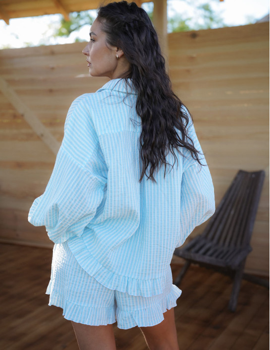Set: ruffle shirt and muslin pocket shorts; blue stripe
