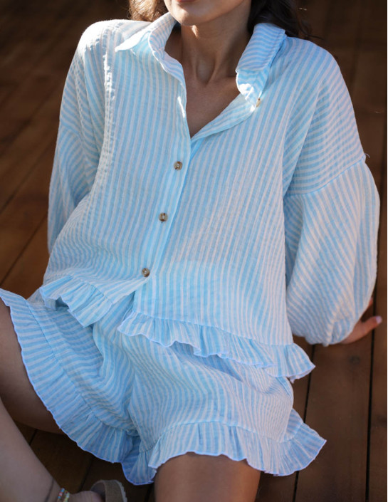 Set: ruffle shirt and muslin pocket shorts; blue stripe