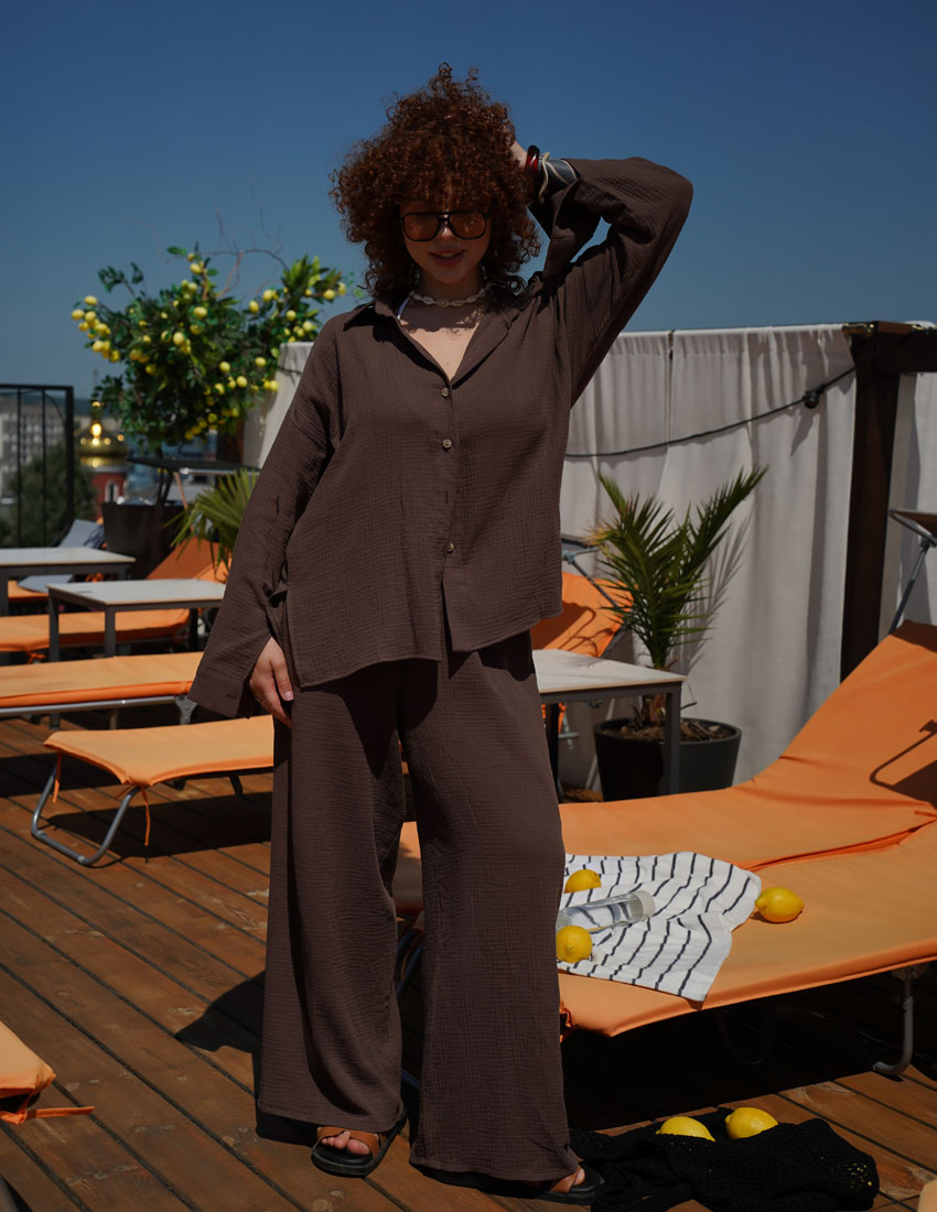 Set: Palazzo Pants & Shirt with Slits | Chocolate